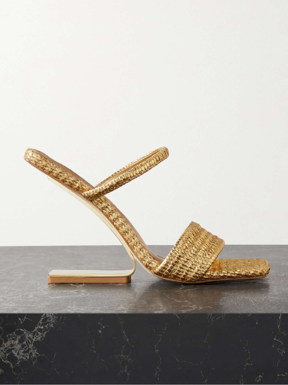 Cult Gaia Rene Gold Raffia Cutout Mules Architectural Heels 37.5
